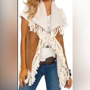 Scully Vest Faux Suede Shearling Knotted Fringe ,tan and cream, Smalll